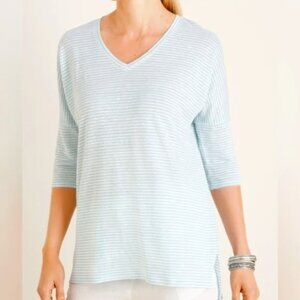 New Chico's XL/3 Blue Striped V Neck 100% Linen Stretch Comfy Slouchy Casual Top